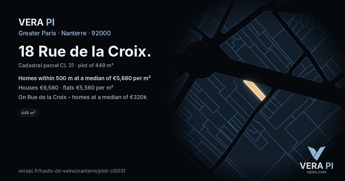 18 Rue de la Croix, Nanterre at night – the plot lit, the parcels around coloured by the prices near them