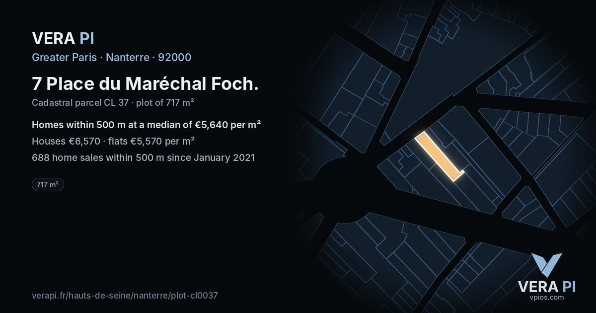 7 Place du Maréchal Foch, Nanterre at night – the plot lit, the parcels around coloured by the prices near them