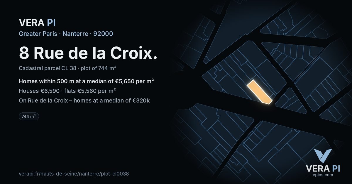 8 Rue de la Croix, Nanterre at night – the plot lit, the parcels around coloured by the prices near them