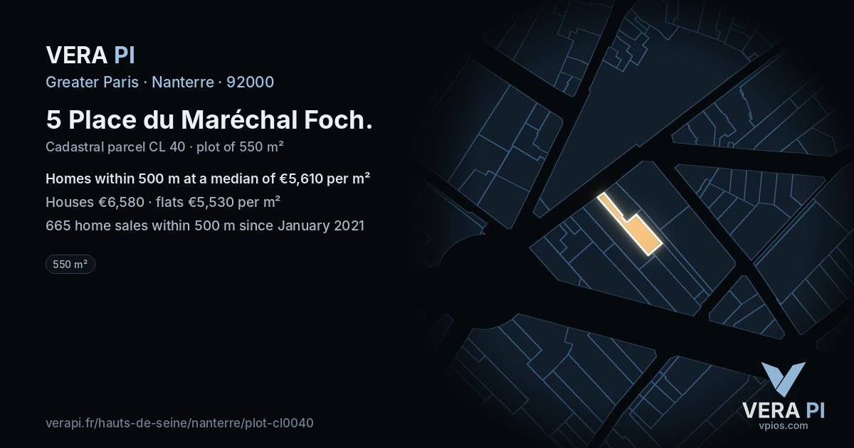 5 Place du Maréchal Foch, Nanterre at night – the plot lit, the parcels around coloured by the prices near them
