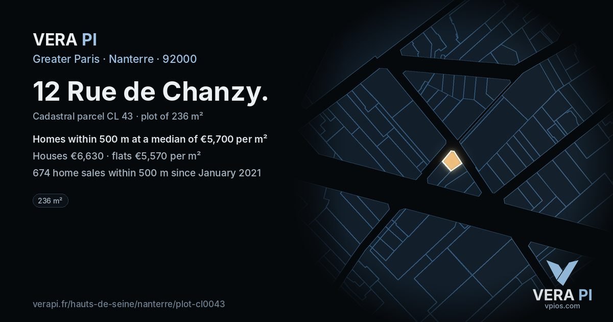 12 Rue de Chanzy, Nanterre at night – the plot lit, the parcels around coloured by the prices near them