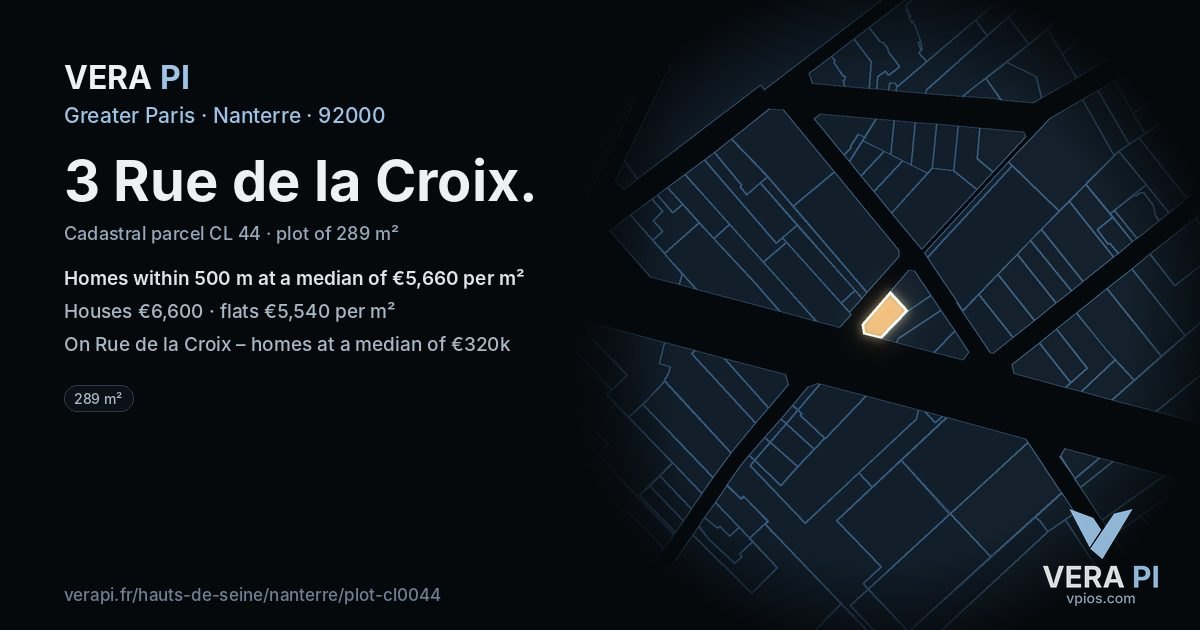 3 Rue de la Croix, Nanterre at night – the plot lit, the parcels around coloured by the prices near them