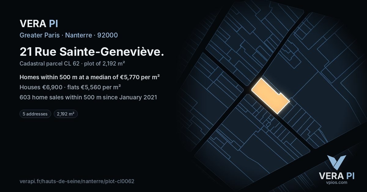 21 Rue Sainte-Geneviève, Nanterre at night – the plot lit, the parcels around coloured by the prices near them