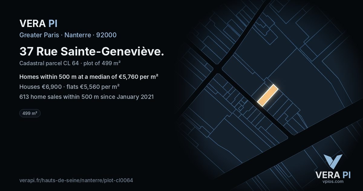 37 Rue Sainte-Geneviève, Nanterre at night – the plot lit, the parcels around coloured by the prices near them