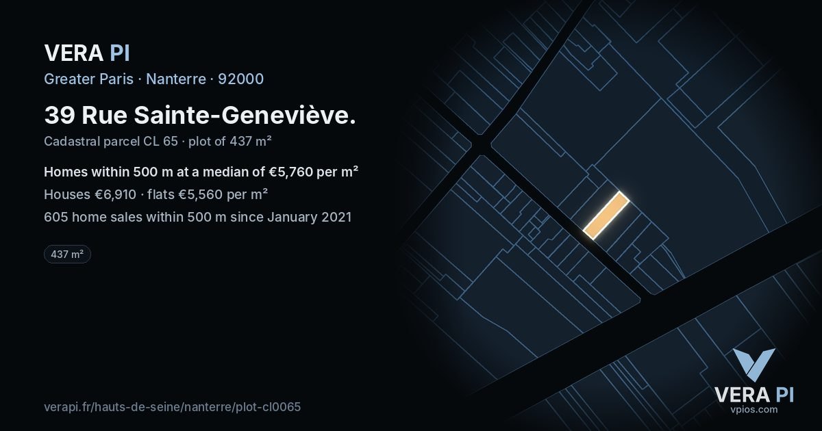 39 Rue Sainte-Geneviève, Nanterre at night – the plot lit, the parcels around coloured by the prices near them