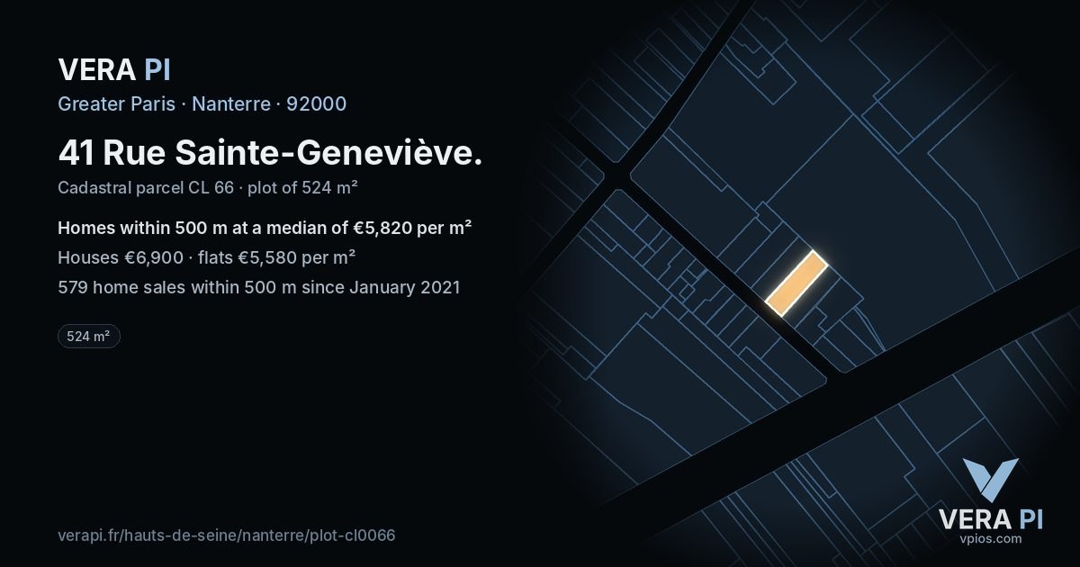 41 Rue Sainte-Geneviève, Nanterre at night – the plot lit, the parcels around coloured by the prices near them