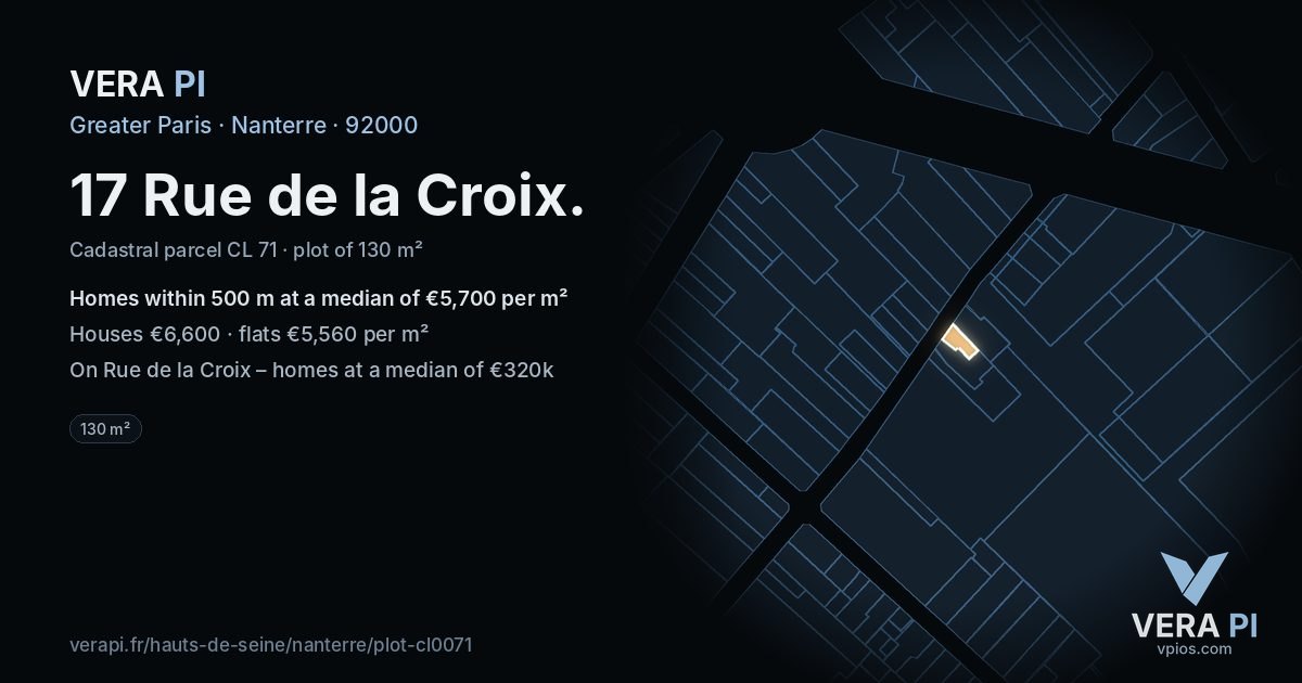 17 Rue de la Croix, Nanterre at night – the plot lit, the parcels around coloured by the prices near them