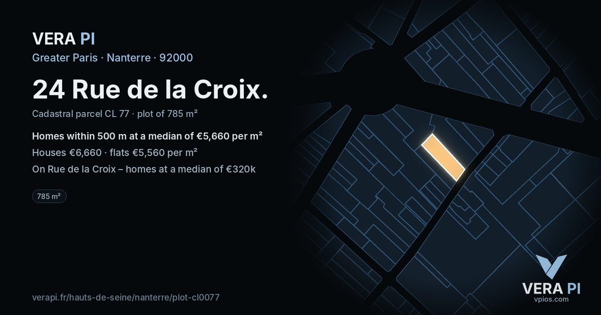 24 Rue de la Croix, Nanterre at night – the plot lit, the parcels around coloured by the prices near them