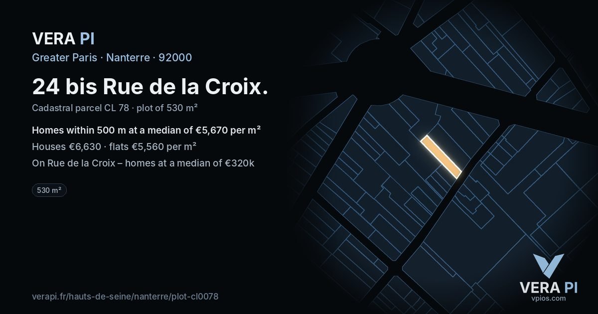 24 bis Rue de la Croix, Nanterre at night – the plot lit, the parcels around coloured by the prices near them