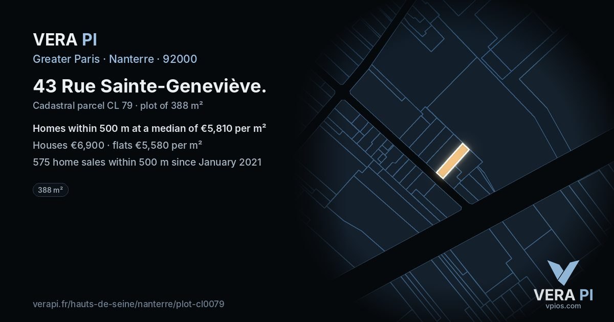 43 Rue Sainte-Geneviève, Nanterre at night – the plot lit, the parcels around coloured by the prices near them