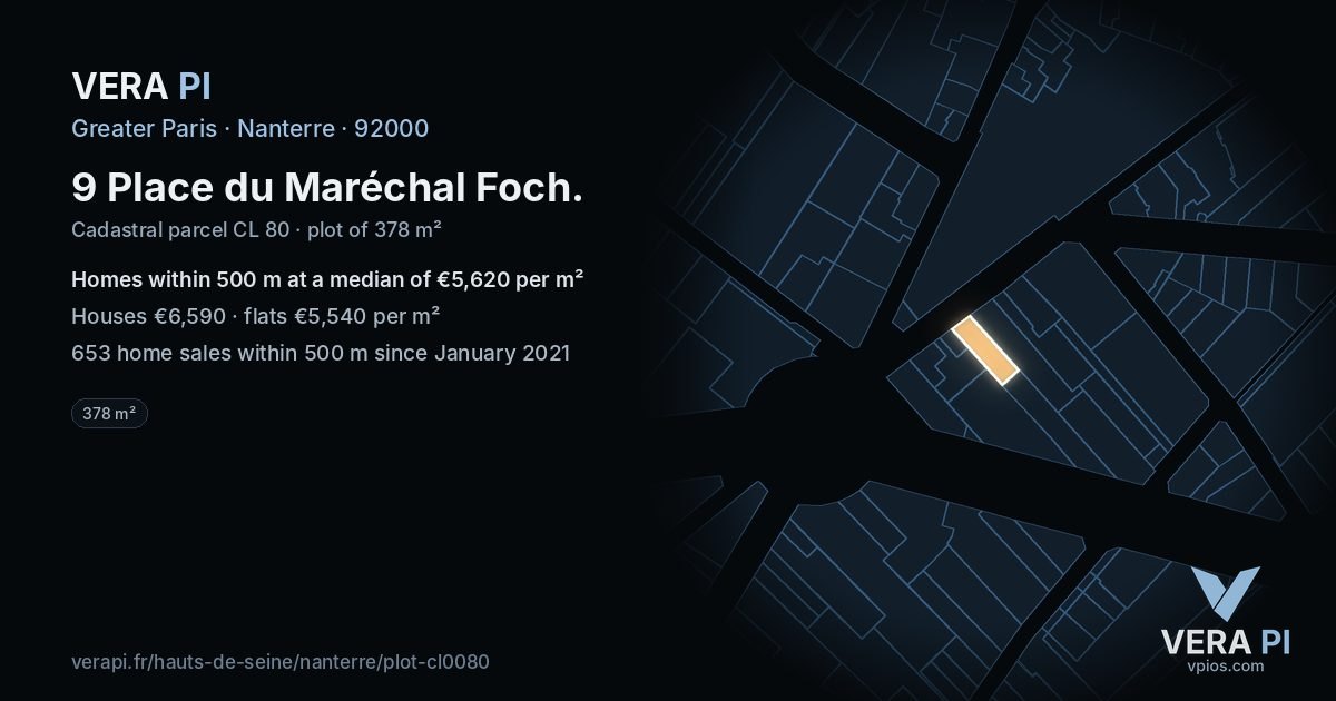 9 Place du Maréchal Foch, Nanterre at night – the plot lit, the parcels around coloured by the prices near them