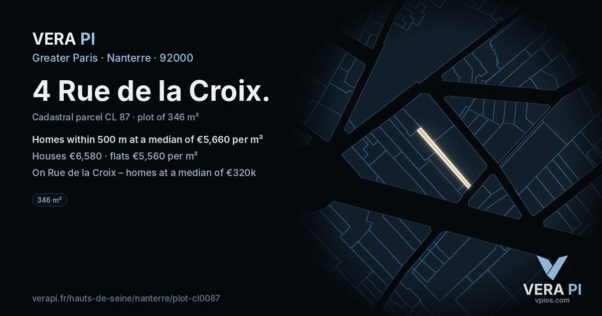 4 Rue de la Croix, Nanterre at night – the plot lit, the parcels around coloured by the prices near them
