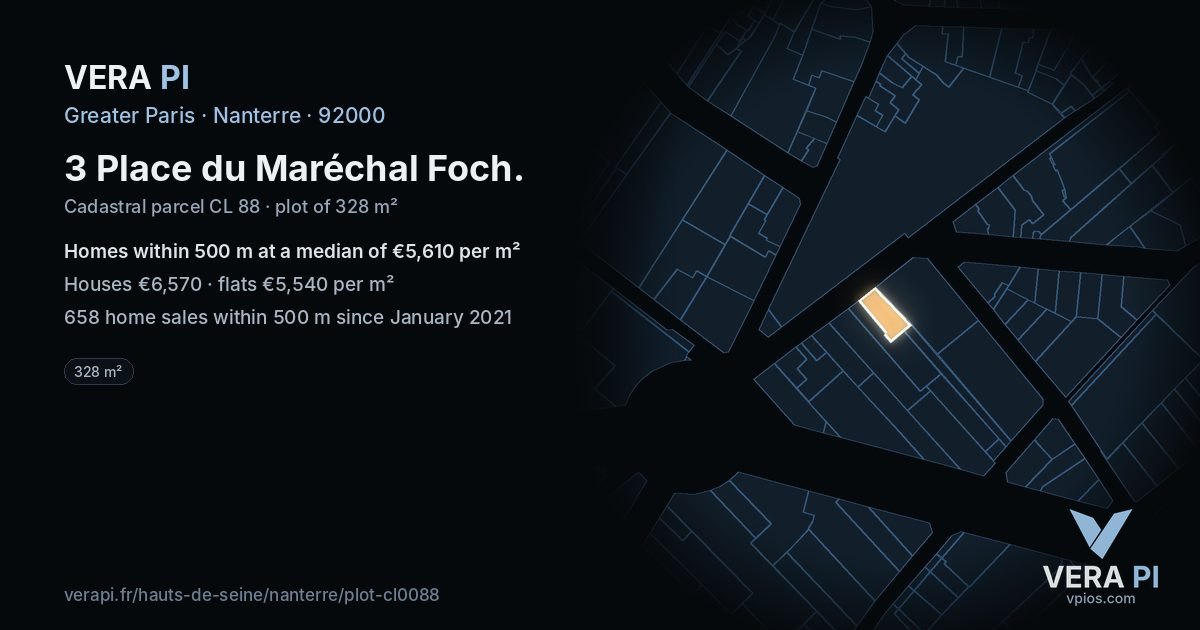 3 Place du Maréchal Foch, Nanterre at night – the plot lit, the parcels around coloured by the prices near them