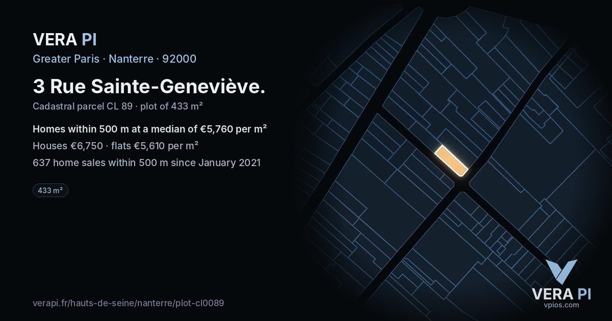 3 Rue Sainte-Geneviève, Nanterre at night – the plot lit, the parcels around coloured by the prices near them