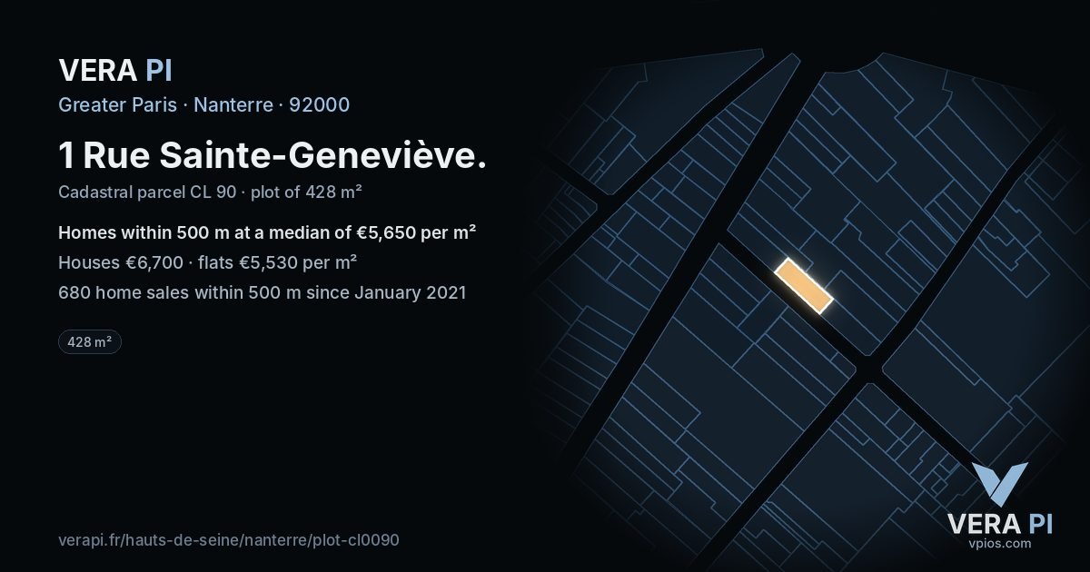 1 Rue Sainte-Geneviève, Nanterre at night – the plot lit, the parcels around coloured by the prices near them