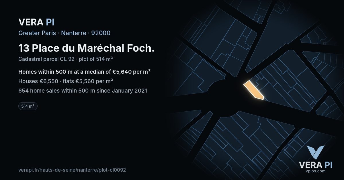 13 Place du Maréchal Foch, Nanterre at night – the plot lit, the parcels around coloured by the prices near them
