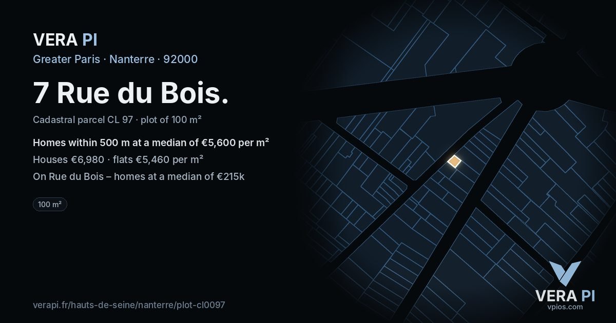7 Rue du Bois, Nanterre at night – the plot lit, the parcels around coloured by the prices near them