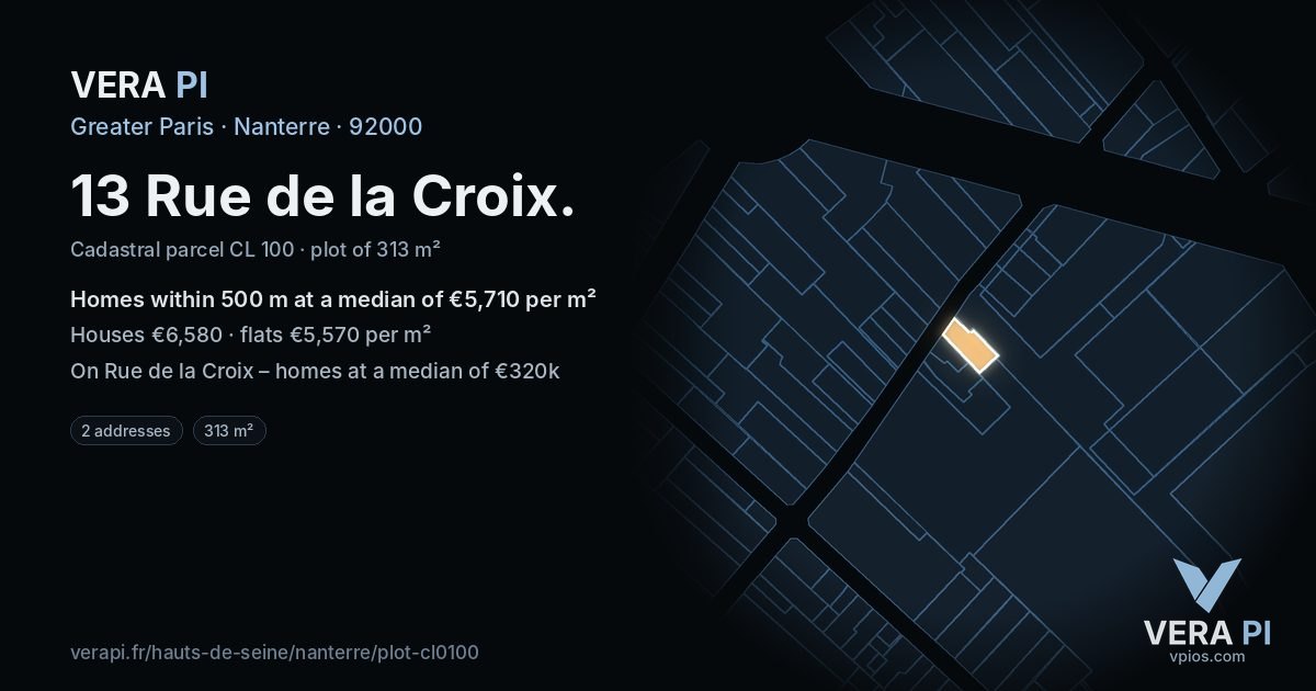 13 Rue de la Croix, Nanterre at night – the plot lit, the parcels around coloured by the prices near them