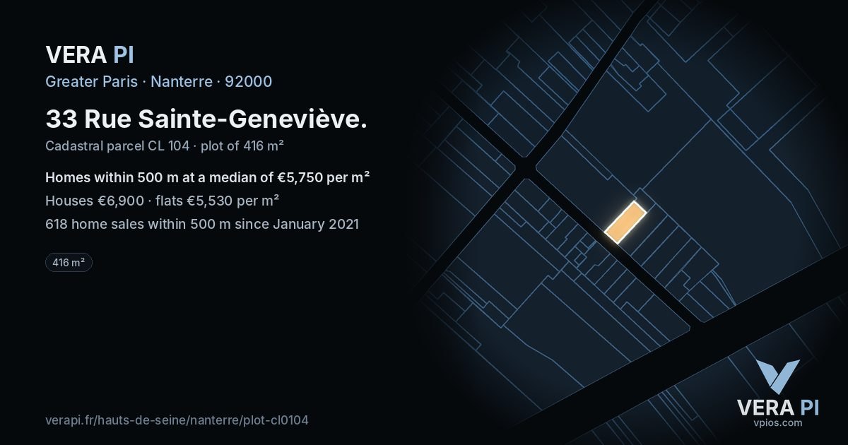 33 Rue Sainte-Geneviève, Nanterre at night – the plot lit, the parcels around coloured by the prices near them