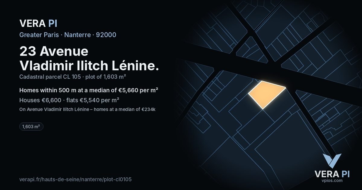 23 Avenue Vladimir Ilitch Lénine, Nanterre at night – the plot lit, the parcels around coloured by the prices near them