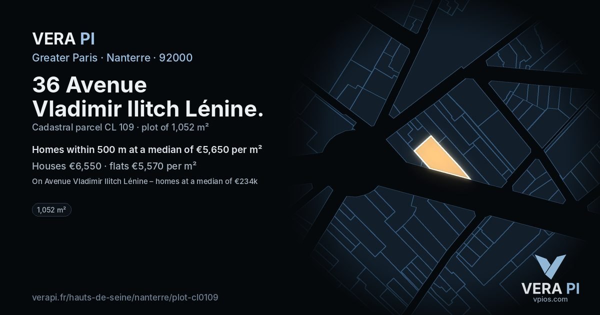 36 Avenue Vladimir Ilitch Lénine, Nanterre at night – the plot lit, the parcels around coloured by the prices near them