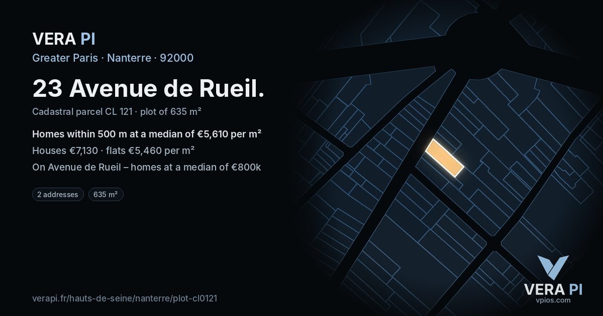 23 Avenue de Rueil, Nanterre at night – the plot lit, the parcels around coloured by the prices near them