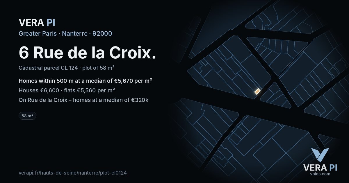 6 Rue de la Croix, Nanterre at night – the plot lit, the parcels around coloured by the prices near them