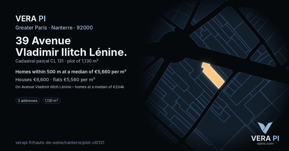 39 Avenue Vladimir Ilitch Lénine, Nanterre at night – the plot lit, the parcels around coloured by the prices near them
