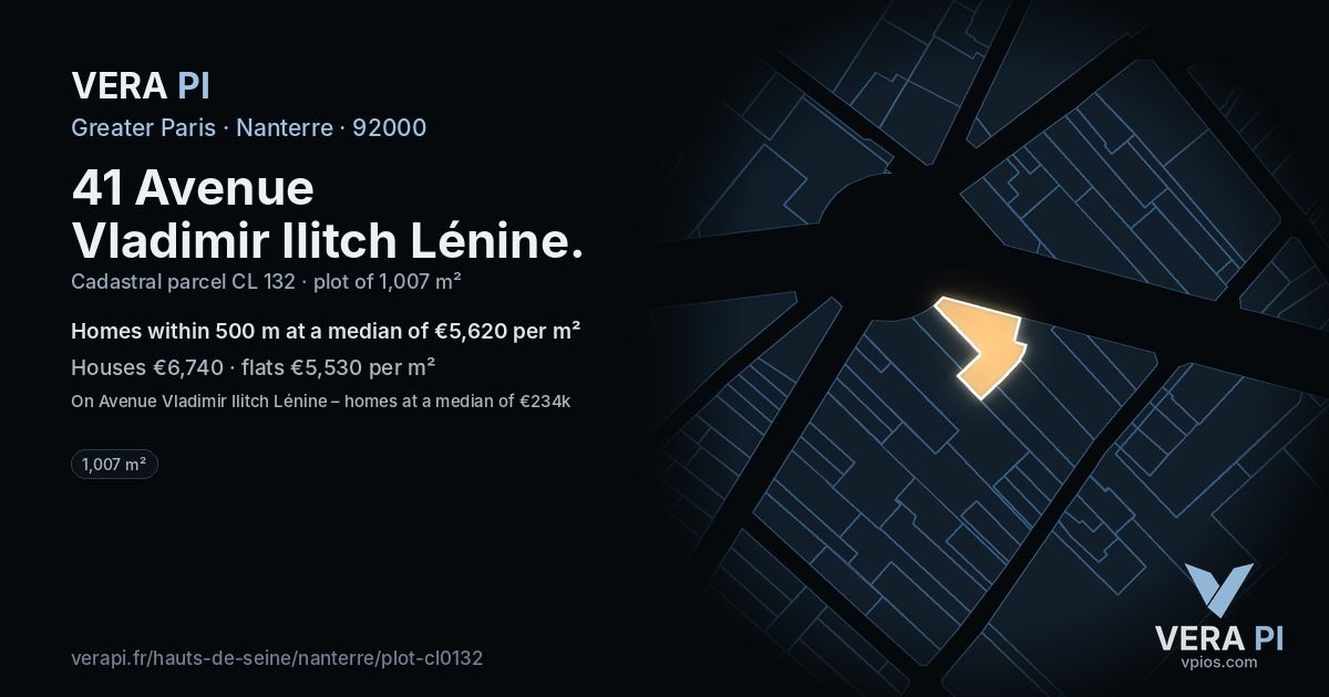 41 Avenue Vladimir Ilitch Lénine, Nanterre at night – the plot lit, the parcels around coloured by the prices near them