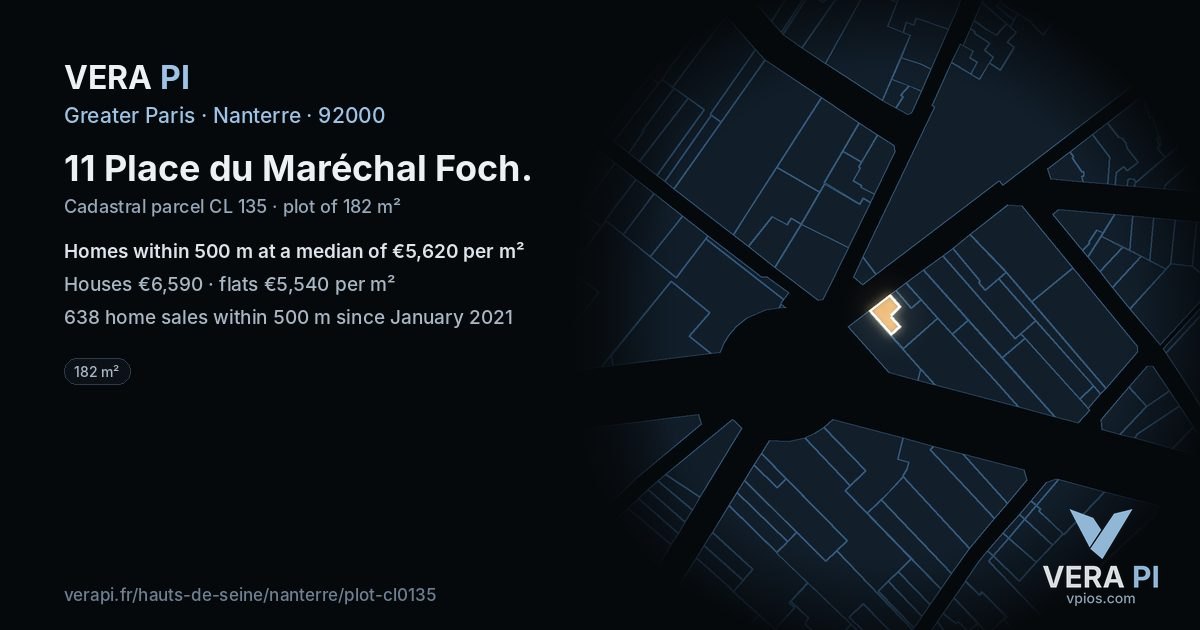 11 Place du Maréchal Foch, Nanterre at night – the plot lit, the parcels around coloured by the prices near them