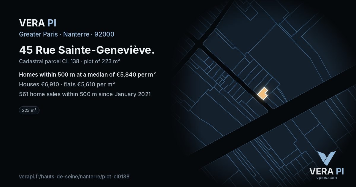 45 Rue Sainte-Geneviève, Nanterre at night – the plot lit, the parcels around coloured by the prices near them