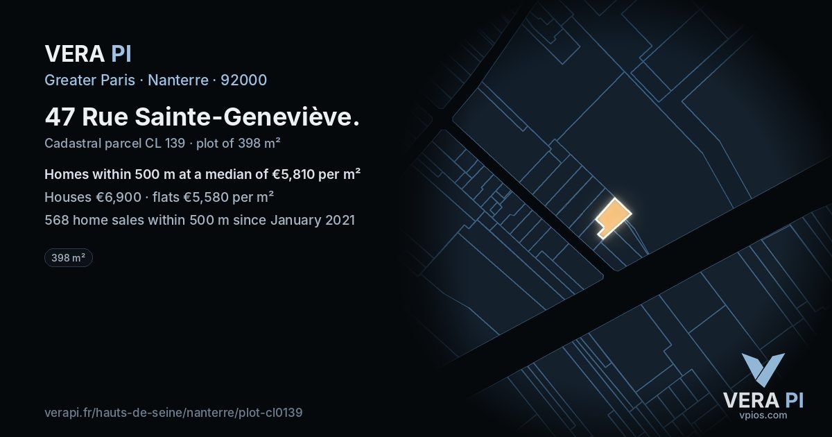 47 Rue Sainte-Geneviève, Nanterre at night – the plot lit, the parcels around coloured by the prices near them