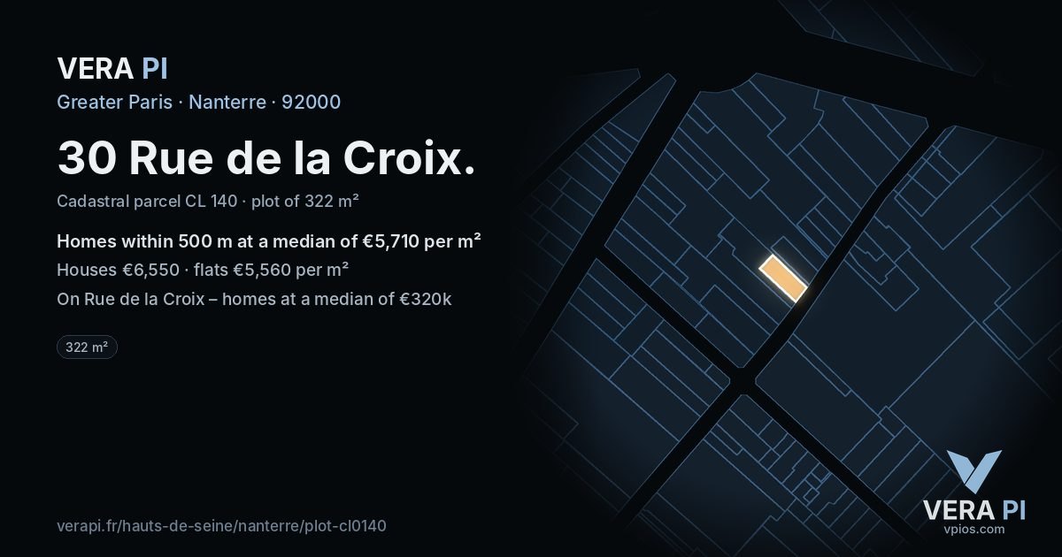 30 Rue de la Croix, Nanterre at night – the plot lit, the parcels around coloured by the prices near them