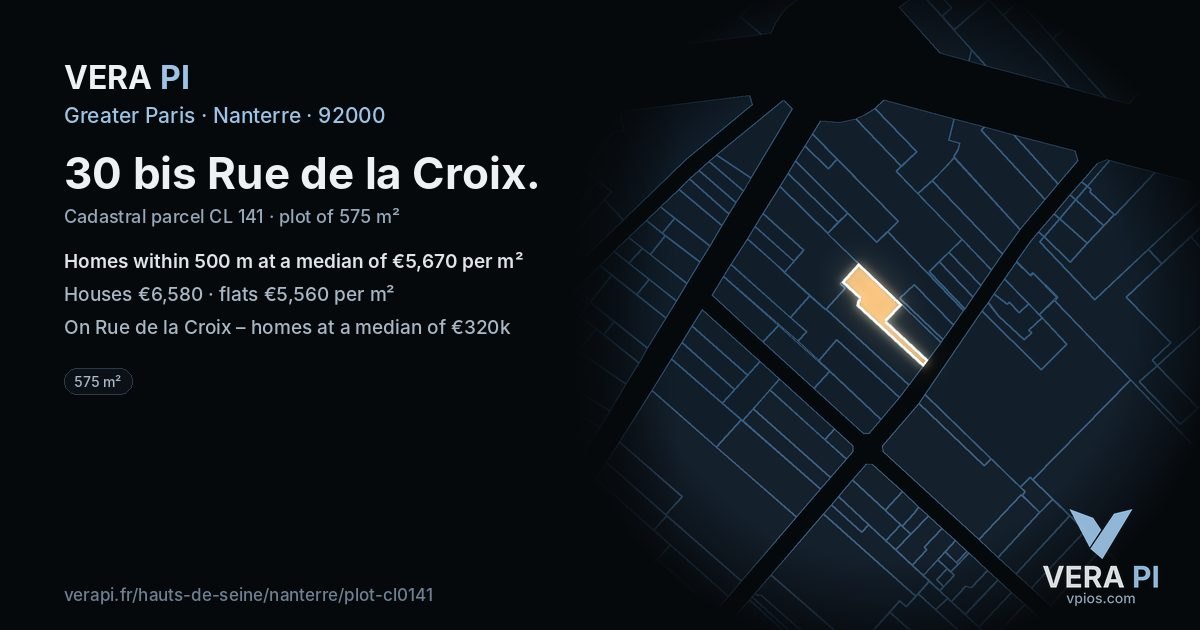 30 bis Rue de la Croix, Nanterre at night – the plot lit, the parcels around coloured by the prices near them