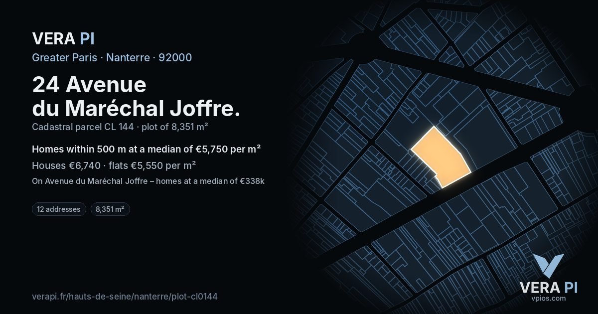 24 Avenue du Maréchal Joffre, Nanterre at night – the plot lit, the parcels around coloured by the prices near them