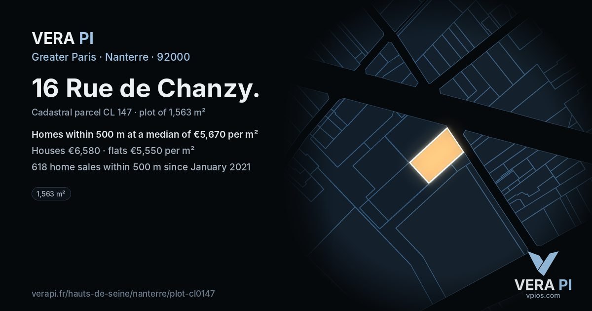 16 Rue de Chanzy, Nanterre at night – the plot lit, the parcels around coloured by the prices near them