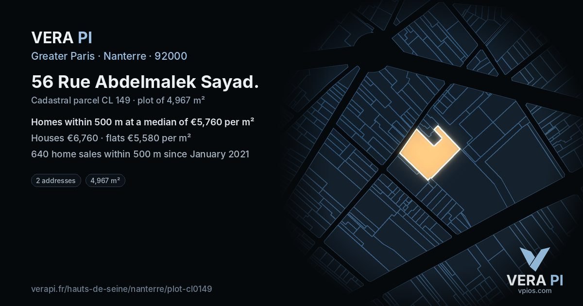 56 Rue Abdelmalek Sayad, Nanterre at night – the plot lit, the parcels around coloured by the prices near them