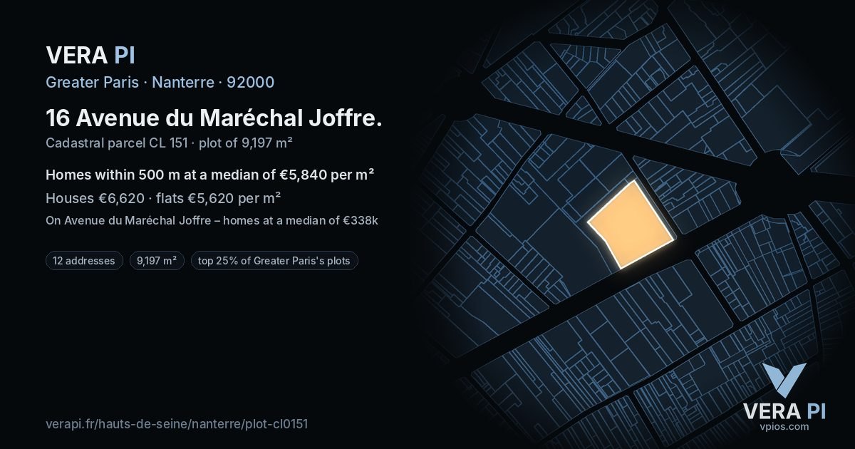 16 Avenue du Maréchal Joffre, Nanterre at night – the plot lit, the parcels around coloured by the prices near them