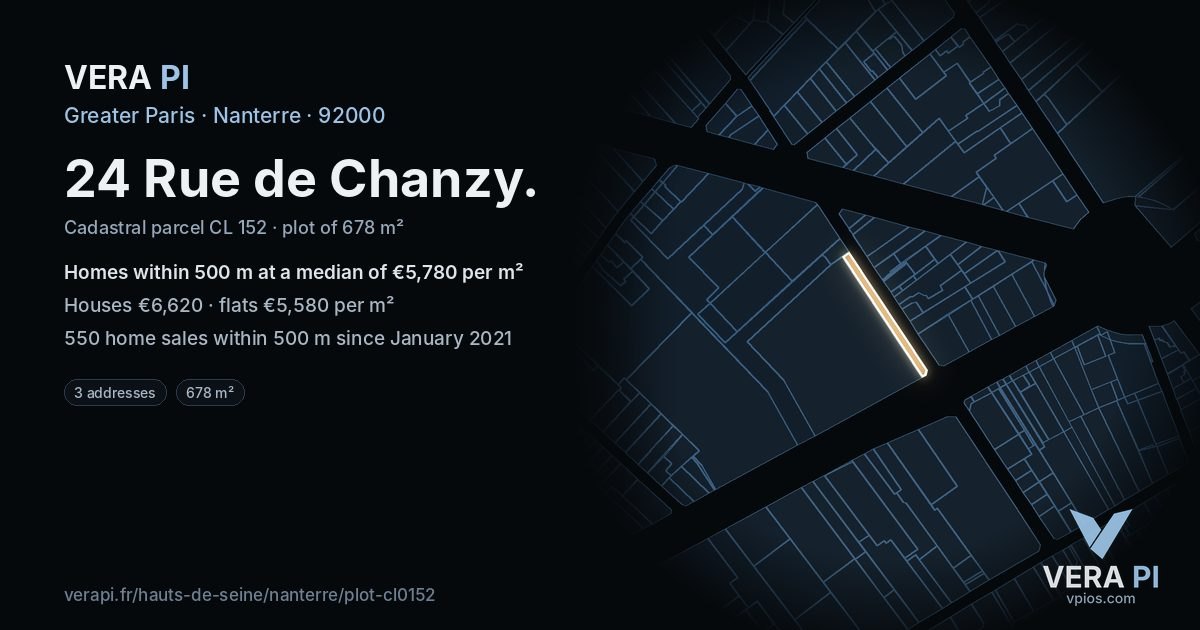 24 Rue de Chanzy, Nanterre at night – the plot lit, the parcels around coloured by the prices near them