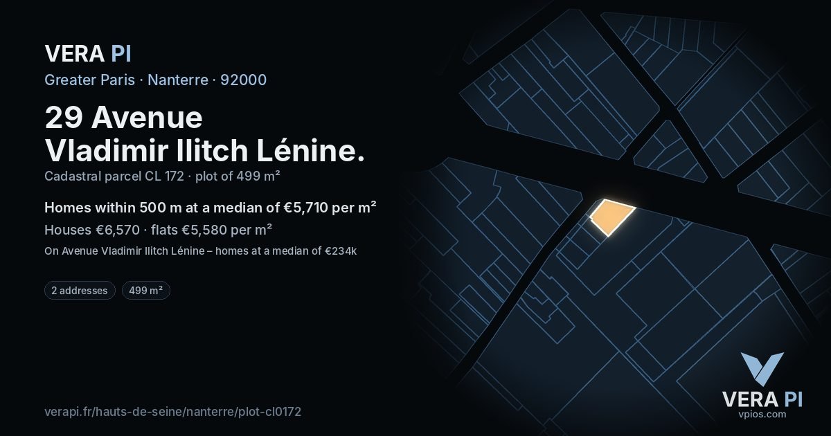 29 Avenue Vladimir Ilitch Lénine, Nanterre at night – the plot lit, the parcels around coloured by the prices near them