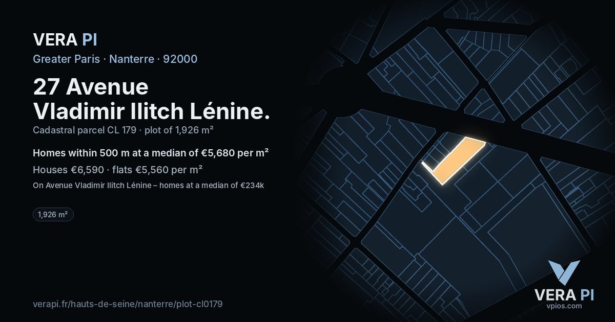 27 Avenue Vladimir Ilitch Lénine, Nanterre at night – the plot lit, the parcels around coloured by the prices near them