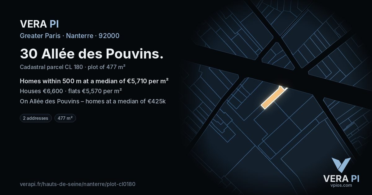 30 Allée des Pouvins, Nanterre at night – the plot lit, the parcels around coloured by the prices near them
