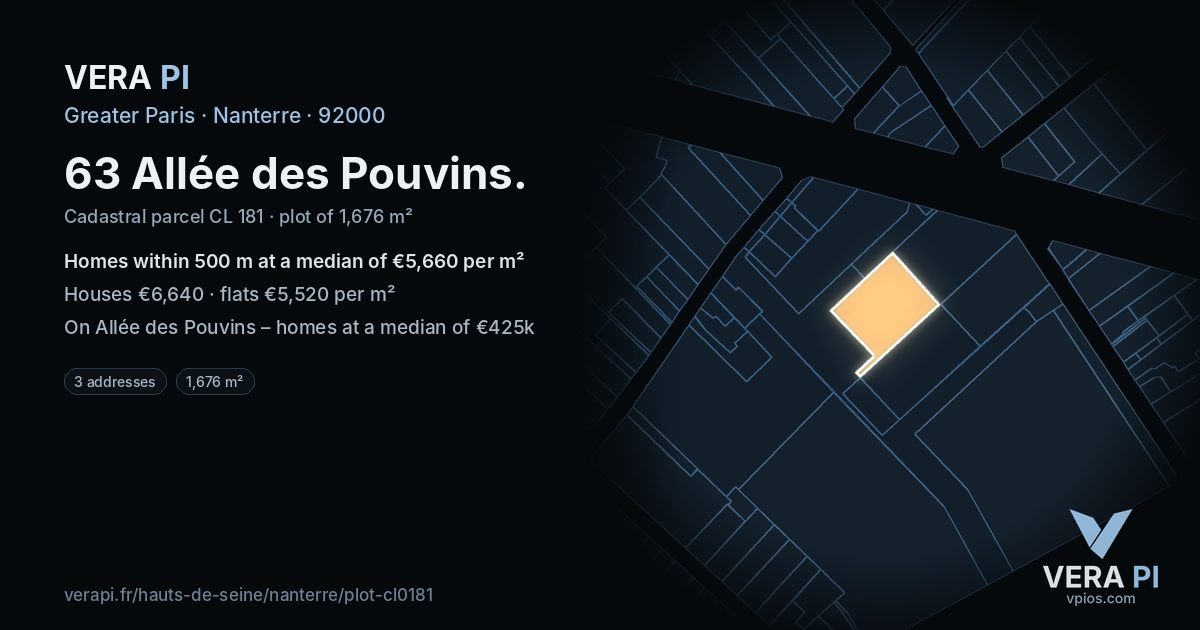63 Allée des Pouvins, Nanterre at night – the plot lit, the parcels around coloured by the prices near them