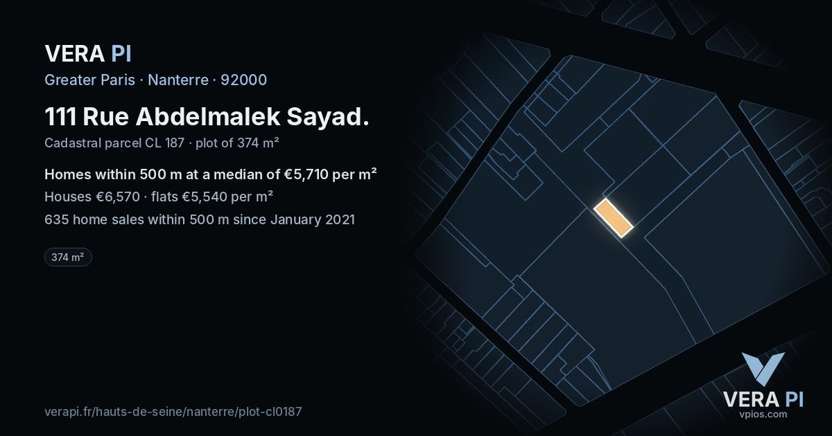 111 Rue Abdelmalek Sayad, Nanterre at night – the plot lit, the parcels around coloured by the prices near them