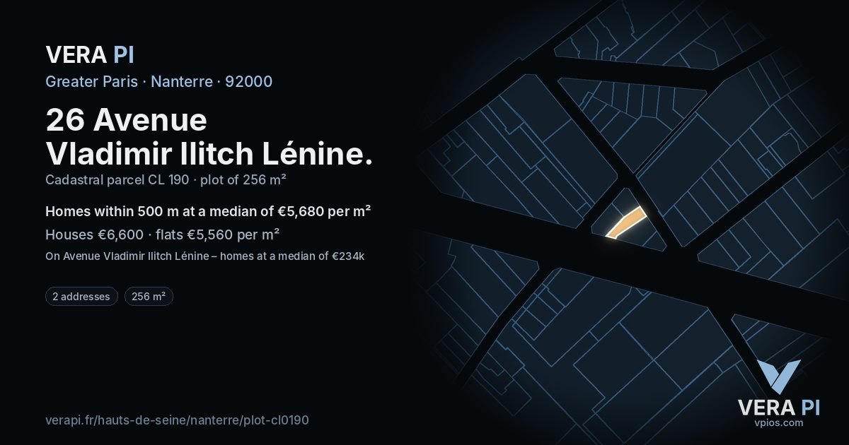 26 Avenue Vladimir Ilitch Lénine, Nanterre at night – the plot lit, the parcels around coloured by the prices near them