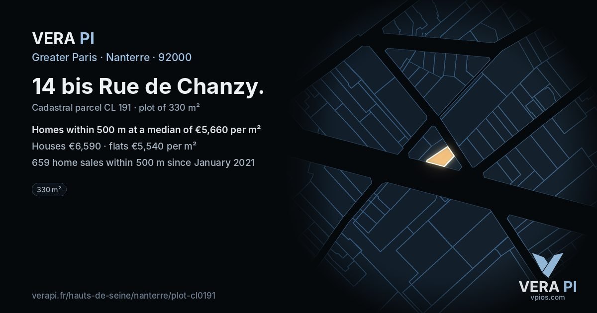 14 bis Rue de Chanzy, Nanterre at night – the plot lit, the parcels around coloured by the prices near them