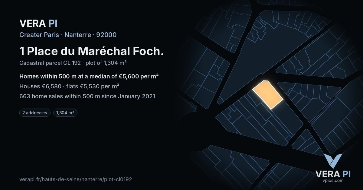1 Place du Maréchal Foch, Nanterre at night – the plot lit, the parcels around coloured by the prices near them