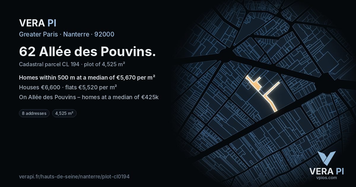 62 Allée des Pouvins, Nanterre at night – the plot lit, the parcels around coloured by the prices near them