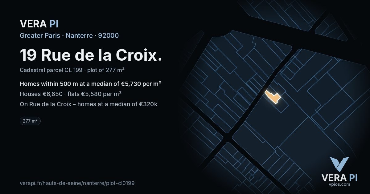 19 Rue de la Croix, Nanterre at night – the plot lit, the parcels around coloured by the prices near them