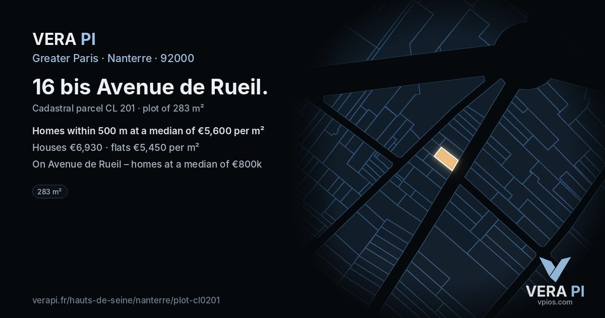 16 bis Avenue de Rueil, Nanterre at night – the plot lit, the parcels around coloured by the prices near them